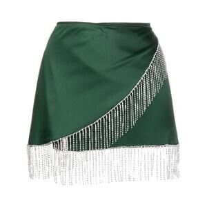 Oseree Crystal Fringed Satin Wrap Skirt In Green One Size